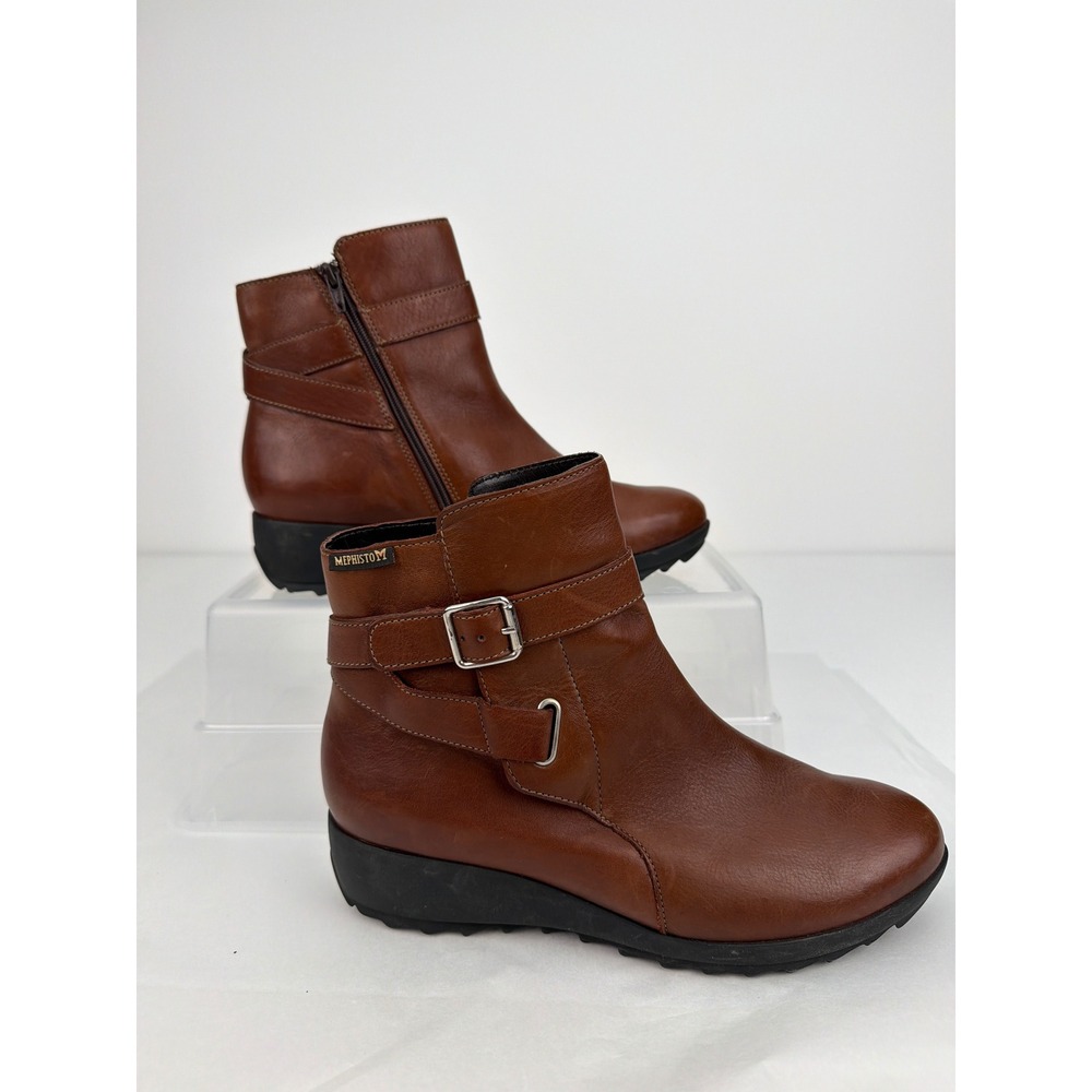 Mephisto Leather Ankle Boots 8.5 Brown Air-Jet Faux Fur Lined Wedge Comfort